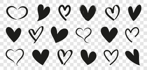 Heart icon collection. Set of black brush heart icons