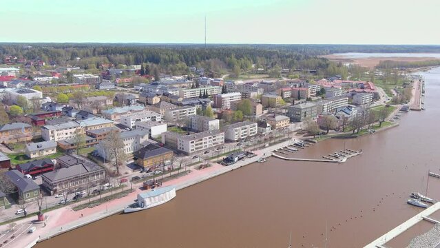 Porvoo, Finland: Aerial view of Nordic city in spring - landscape panorama of Northern Europe from above