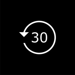 30 seconds rewind and fast forward icons with circle arrows. Round repeat and next buttons isolated on black background.