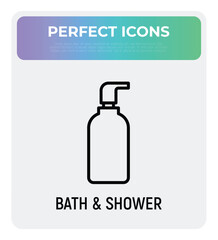 Bath and shower treatments: bottle with dispenser and plastic tube. Shower gel, liquid soap. Thin line icon. Modern vector illustration for beauty shop.