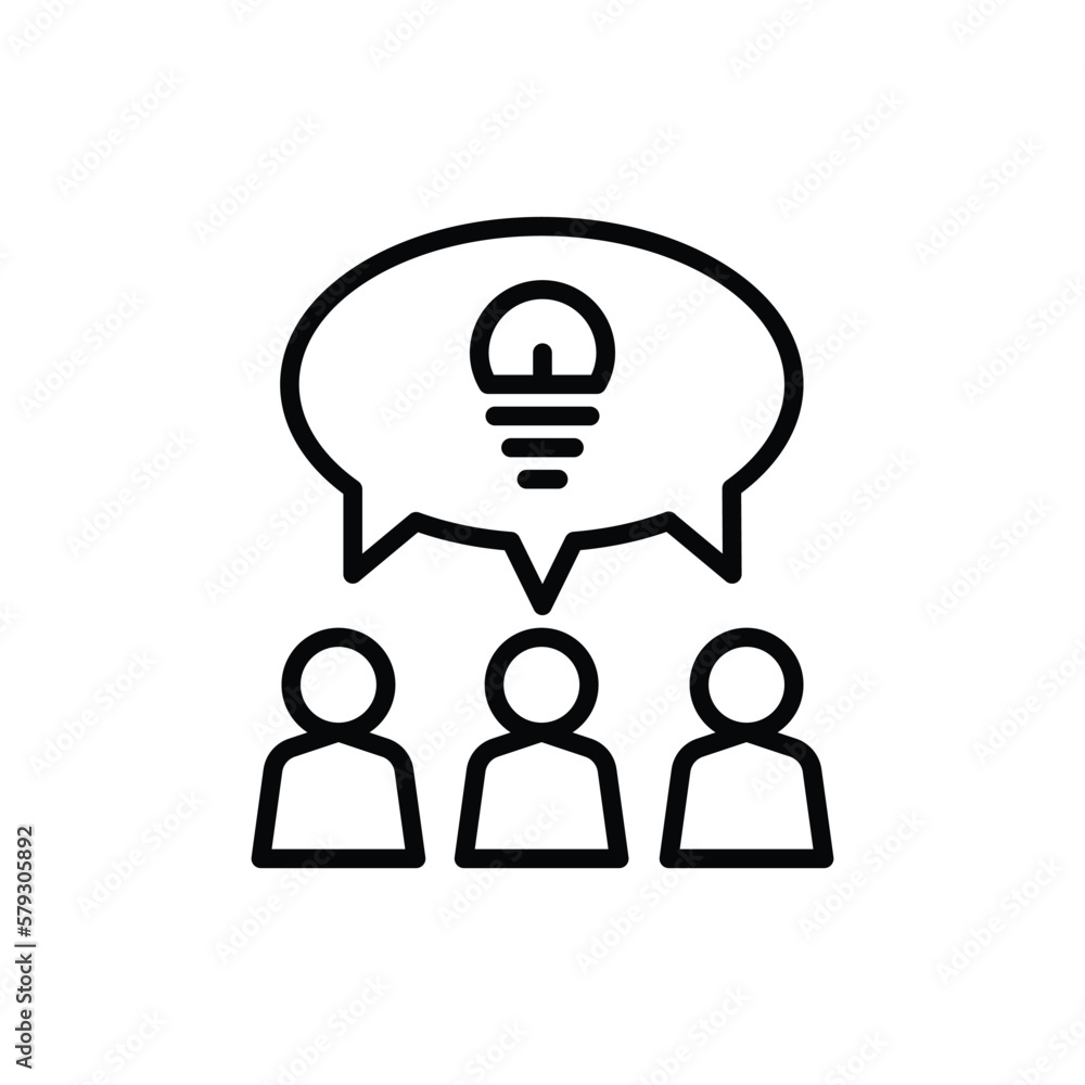 Poster idea sharing thin line icon. group of people is brainstorming. teamwork. speech bubble with light bu