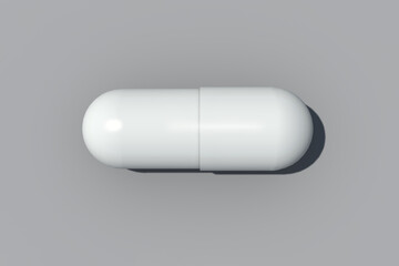 White capsule pill on gray closeup. Mock up realistic pill,copy space . 3D Rendering