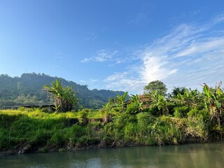 Beautiful landscape view of river, green forest with panoramic mountain and blue sky on the background.