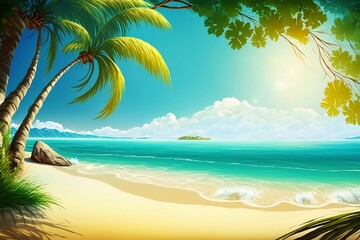 Beautiful summer beach with palm trees and turquoise ocean background. Generative ai