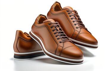 Brown leather pair of male shoes on white background. Generative AI illustration.