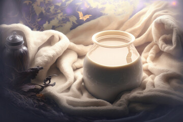 Fototapeta na wymiar Pint of milk in a cozy magical environment. Generative ai