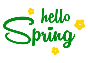 Logo aislado con letras del mensaje hello spring en texto manuscrito con silueta de flores en color verde y amarillo