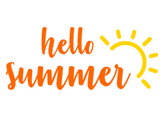 Logo aislado con letras del mensaje hello summer en texto manuscrito con sol líneal en color amarillo © teracreonte