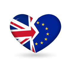 UK and EU broken heart flags. Brexit 3d icon. British and Europe split, crisis symbol. Vector illustration.