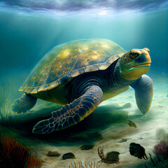 Fototapeta premium a large green turtle swims on the sandy bottom of a pond between algae