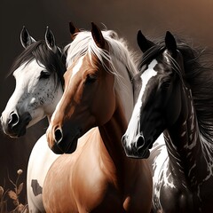 black ,white and brown horse in one frame #ai generated