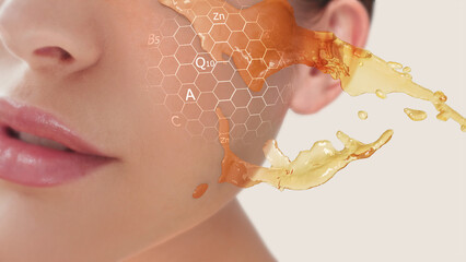 Shows the flow of vitamins in skin care that protects the face in 3D._ep2