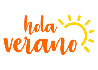 Logo aislado con letras del mensaje hola verano en texto manuscrito en español con sol líneal en color amarillo