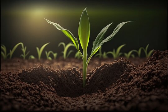Agriculture corn field planting seedling plant growth in the plantation farm. Generative AI