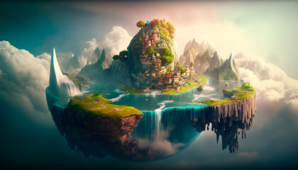 Surreal fairy-tale landscape with a floating island, waterfalls and clouds, a flying fantastic land with greenery and blue water, heaven landscape. Generative AI