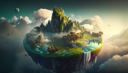 Surreal fairy-tale landscape with a floating island, waterfalls and clouds, a flying fantastic land with greenery and blue water, heaven landscape. Generative AI