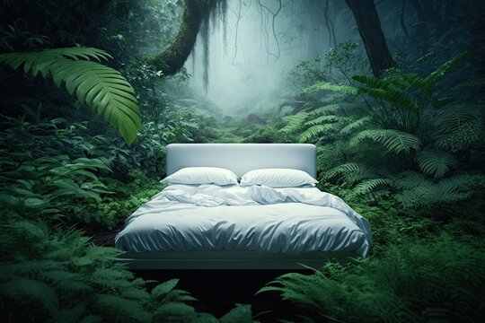 Escape to nature with a cozy bed nestled among the trees, surrounded by the peaceful beauty of the forest. Generative AI