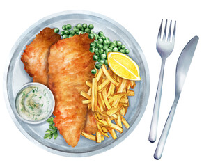 British traditional fish and chips with peas and sauce. Watercolor illustration