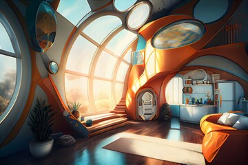 Scifi room interior designs, Cyber Scifi futuristic inside house beautiful shape, Ai generative