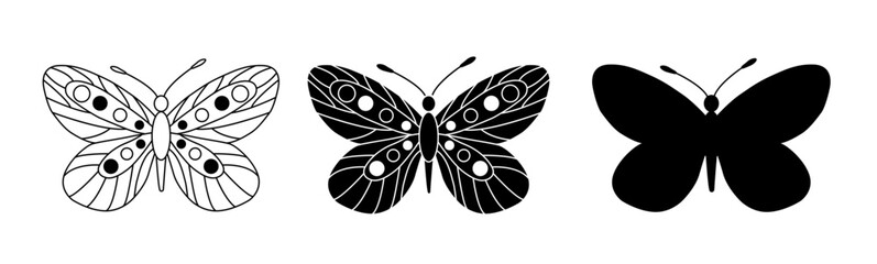 Set of hand drawn vector abstract collection of flat graphic illustrations with logo elements, silhouette, flying butterflies. simple style