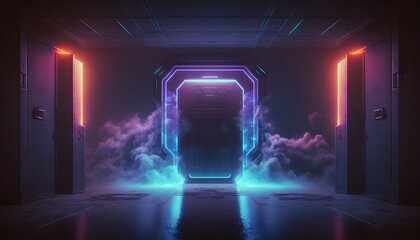 Smoke Fog Futuristic Hall Corridor with Neon Laser Led Blue Purple Glowing Tunnel Metal Reflection. Generative ai