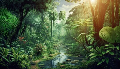 In 10,000 BC, the tropical rainforests were rich with towering trees, abundant wildlife, and a variety of species, including colorful birds and exotic primates in the canopy and understory layers. - 579308441