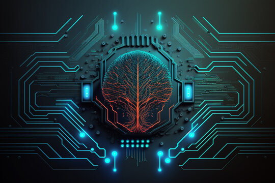 Abstract artificial intelligence (AI) circuit board or alien technology. Brain connected. Light blue neon lights. Futuristic, cyberspace, the neural digital concept made with Generative AI 