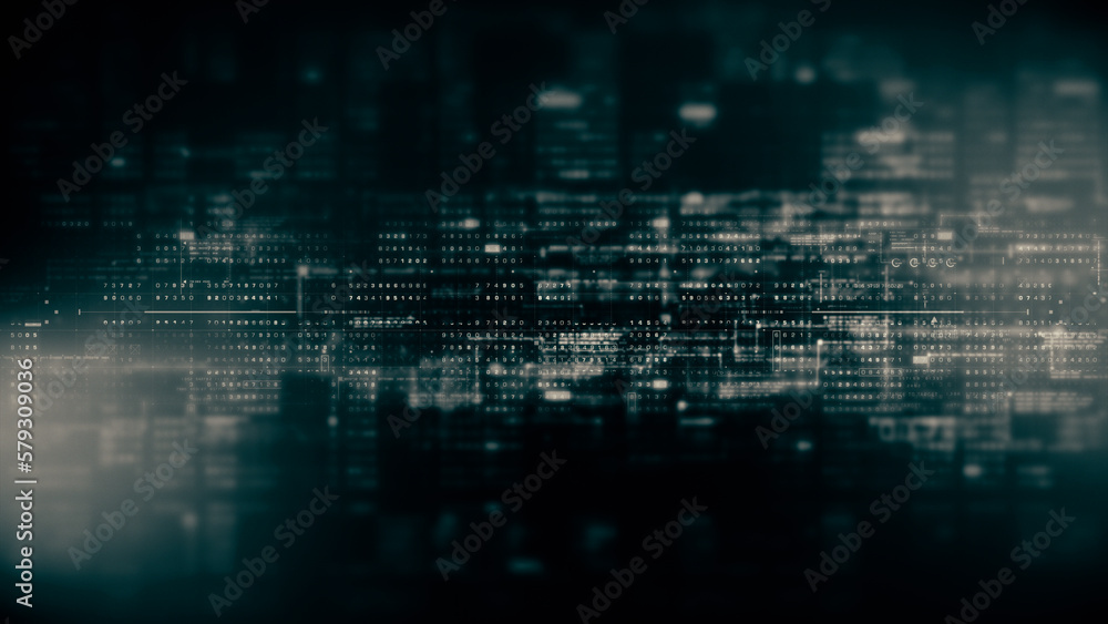 Fototapete Advanced motion abstract digital generated matrix cyber environment big data analytic artificial intelligent simulation, head up display background