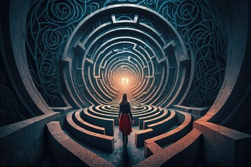 Concept Art, Woman in the spiral maze-like building. Generative AI.