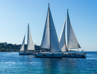 boats and yachts at the sailing regatta on open water. Sailing on the wind waves in the sea.