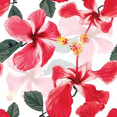 Seamless pattern tropical floral with red Hibiscus flowers abstract background. Vector illustration hand drawing dry watercolor style. For fabric pattern print design.