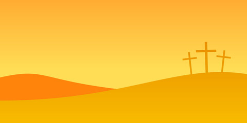 Three crosses on Golgotha Mountain.  Easter concept vector  illustration with crosses on Calvary Hill at sunset.