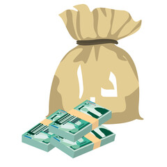 Jordanian Dinar Vector Illustration. Jordan, West Bank money set bundle banknotes. Money bag 20 JOD. Flat style. Isolated on white background. Simple minimal design.