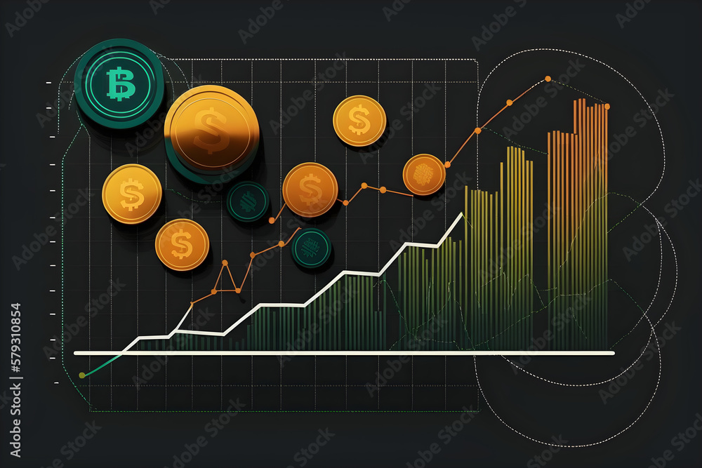 Poster graph on the screen, stack of money coin with trading graph, coins and graph, generative ai