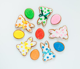 lots of Easter gingerbread on a white background. High quality photo space for text flatly