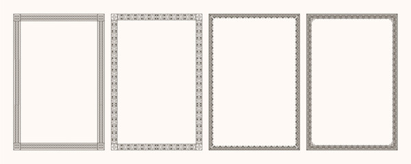 Decorative golden frames. Retro ornamental frame, vintage rectangle ornaments & ornate border. Decorative wedding frames, antique museum image borders. Isolated vector icons set