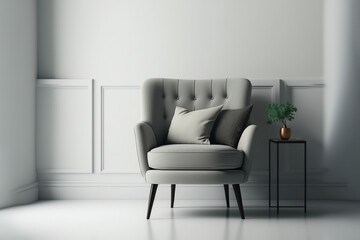 Neutral interior with velvet armchair. Generative AI illustration.