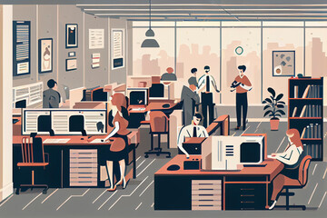 Illustration of large group of people working in coworking, Generative AI.