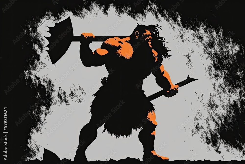 Wall mural An orc brandishing an ax. Silhouettes from a fantastical world. Animated GIF of a barbarian type beast. Generative AI