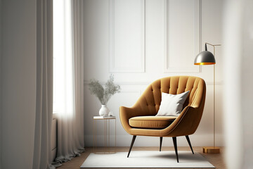Neutral interior with velvet armchair. Generative AI illustration.