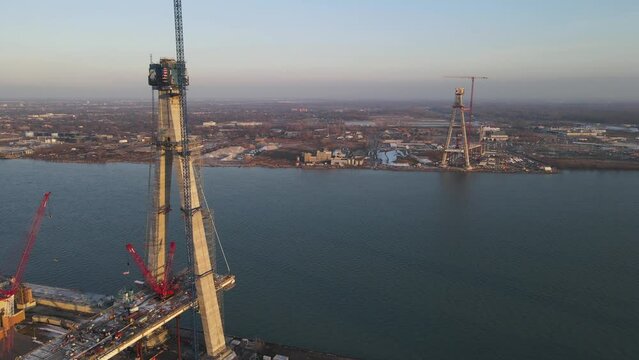 New bridge construction site between Detroit and Windsor, aerial drone view