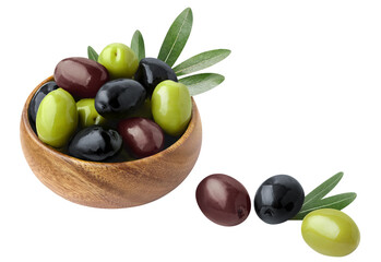 Delicious olives with leaves in a wooden bowl, cut out - obrazy, fototapety, plakaty