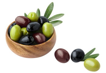 Delicious olives with leaves in a wooden bowl, cut out