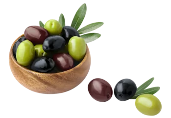 Gordijnen Delicious olives with leaves in a wooden bowl, cut out © Yeti Studio
