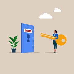 Businesswoman walking and holding key open door to path to career success. Dream job. Key success to career.  Modern vector illustration in flat style