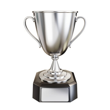 Silver trophy cup or champions cup with empty plate for your text. Honorable second place in the competition. 3D render. PNG with transparent background and alpha channel to cut out