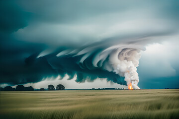 Dramatic landscape with tornado and fire in green field. Generative AI.