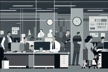 Illustration of large group of people working in coworking, Generative AI.
