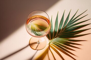 Fototapeta premium A white wine glass Glass, peach in color, on a beige background with the shadow of a palm leaf, reflecting the sun's rays. The idea of a brief summer break. Glasses of dry wine in a variety of colors
