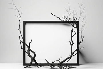 Dry branches of tree roots frame an empty frame. AI generated.